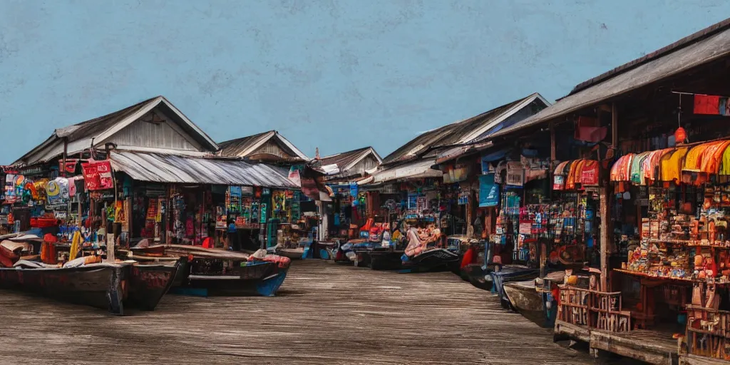 Image similar to close - up of shops at pulau indah fishing village, near a jetty, early morning, detailed matte painting, low angle view, telephoto lens, bokeh, studio ghibli, artstation