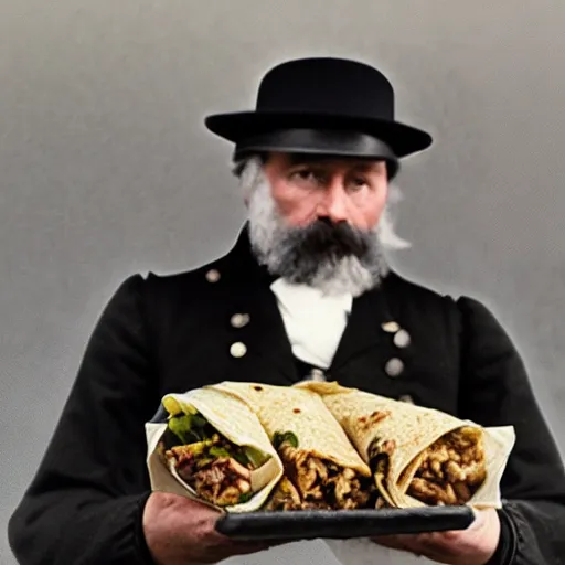 Image similar to a 1 8 5 8 colorized photo of general pitzer a union general eating a large chicken burrito with cheese and salsa