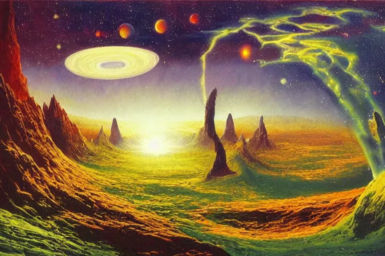 Image similar to protozoic cosmic reversal big bang landscape in the style of dr. seuss, 2 0 0 1 a space odyssey, painting by albert bierstadt