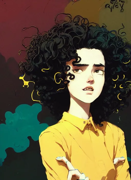 Image similar to highly detailed closeup portrait of nice curly green shades hair teen girl, curly hair, black and yellow suit by atey ghailan, by greg rutkowski, by greg tocchini, by james gilleard, by joe fenton, by kaethe butcher, gradient orange, black and white color scheme, grunge aesthetic!!! ( ( graffiti tag wall background ) )