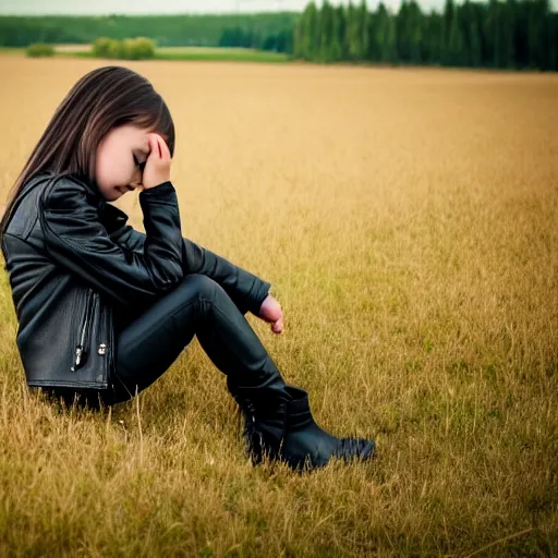 Image similar to young girl sits on a meadow, she wears leather jacket, jeans and black boots, sharp focus, photo taken by nikon, 4 k,