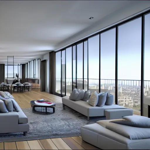 Image similar to large penthouse, luxury, 3d, render, floorplan,