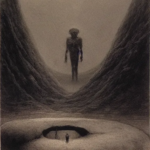 Image similar to a man sits at the edge of a river in the underworld in hades as he waits for the ferryman, charon, greek mythology, beksinski