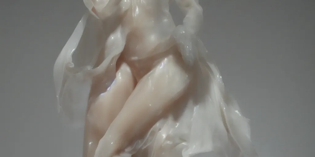 Image similar to beatufull women figure made from wax and wrapped in wet silk, underwater. volumetric lighting