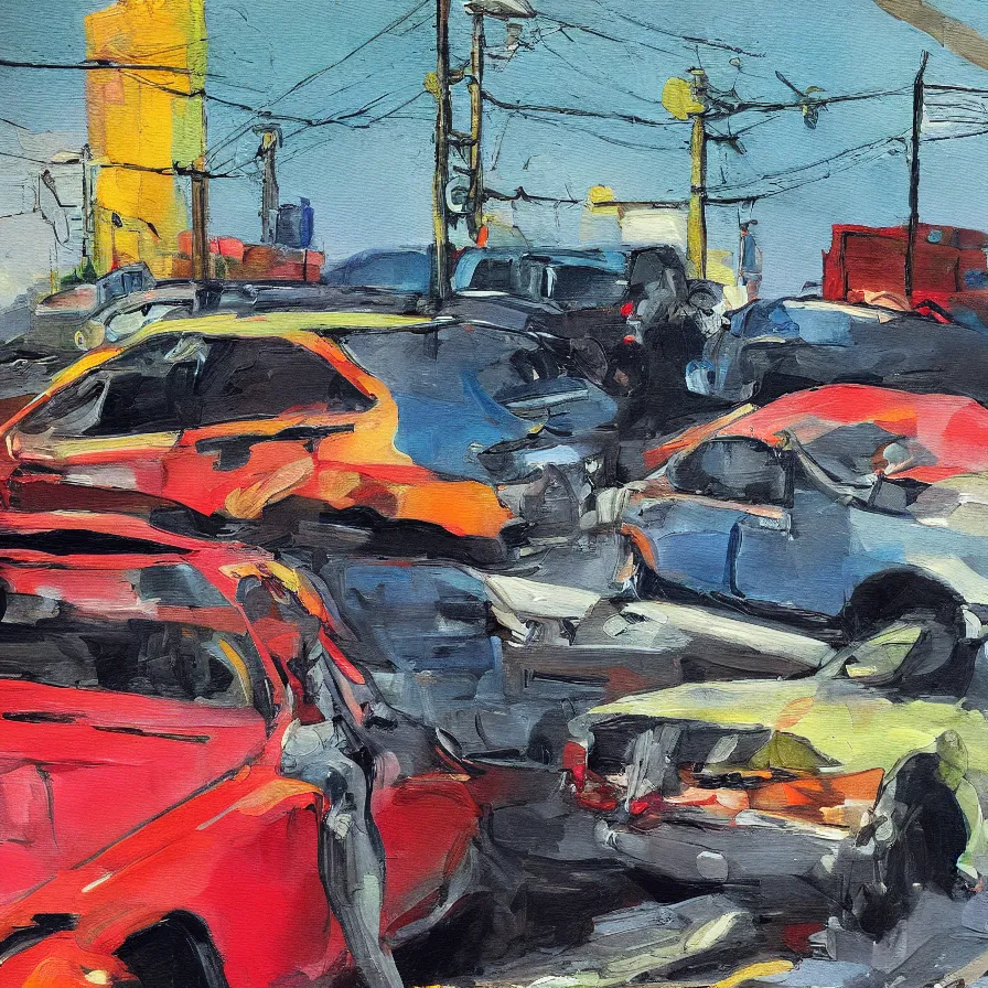 Image similar to a painting of a frightened car being menaced by telephone poles, saturated color scheme