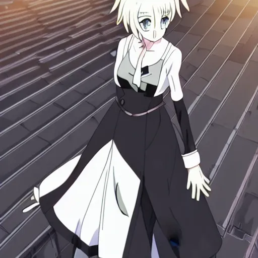 Image similar to White Fox anime, Kyoto animation, Wit studio anime:: woman, black dress, scowl, rooftop party, symmetrical eyes, middle shot, romantic lighting, 2D animation