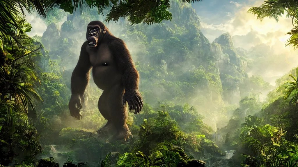 Image similar to King Kong in a tropical forest, fantasy artwork, very very very beautiful scenery, hd, hdr, ue5, ue6, unreal engine 5, cinematic 4k wallpaper, 8k, ultra detailed, high resolution, artstation, award winning