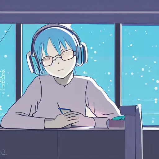 Image similar to high definition anime portrait of a pastel blue haired anime girl sitting at a desk studying with headphones on, background is a window looking out into a busy Tokyo district, lo-fi art, by Studio Ghibli, trending on artstation, sharp high quality anime, digital art, photoshop, proportionate, ambient lighting