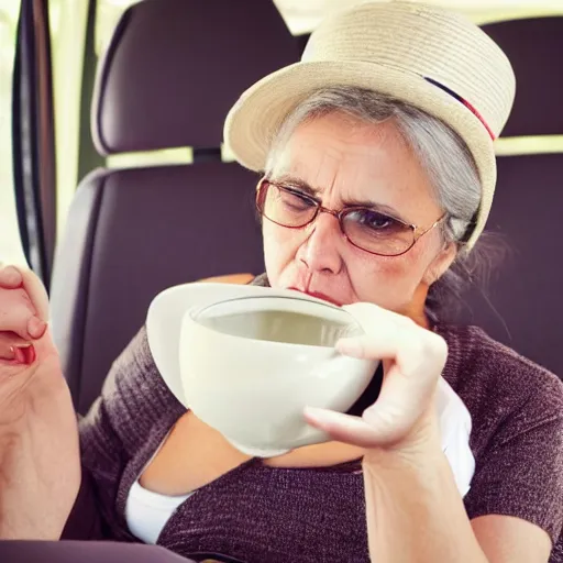 Image similar to beautiful woman 40 old year sit on coach and drink green tea