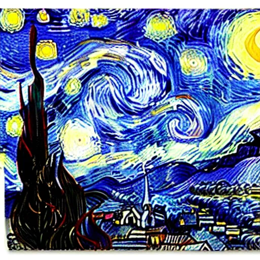 Image similar to the starry night where white is black and blue, very detailed, landscape-H 768