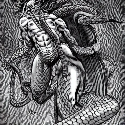 Image similar to a male naga, serpent body, kentaro miura art style