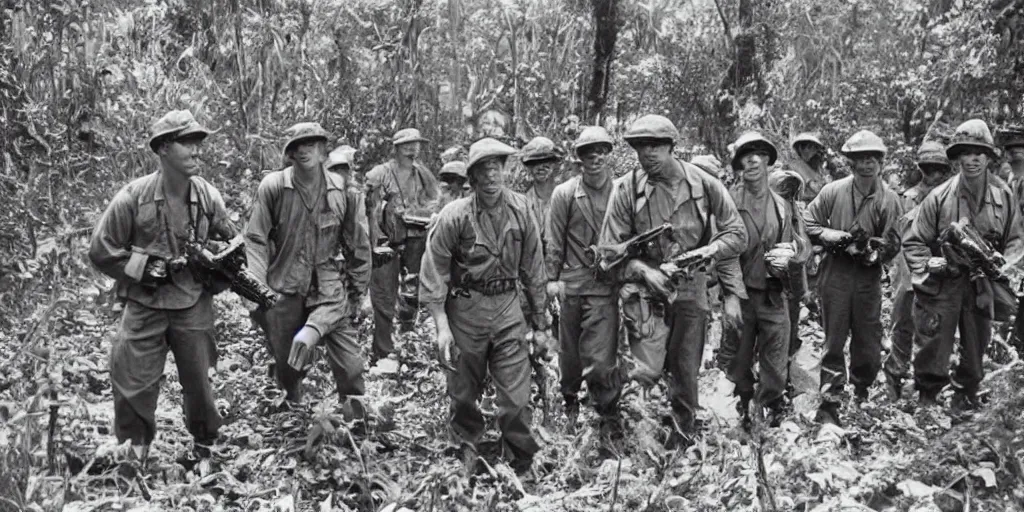 Image similar to 1960s photograph of a cthulhu monster next to US marines in a vietnamese jungle, colorized scan, detailed