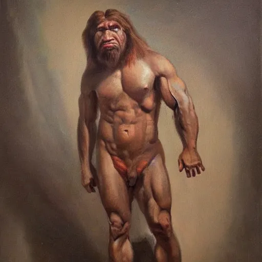 Prompt: a realistic muscular neanderthal man posing for a photoshoot painting, full body