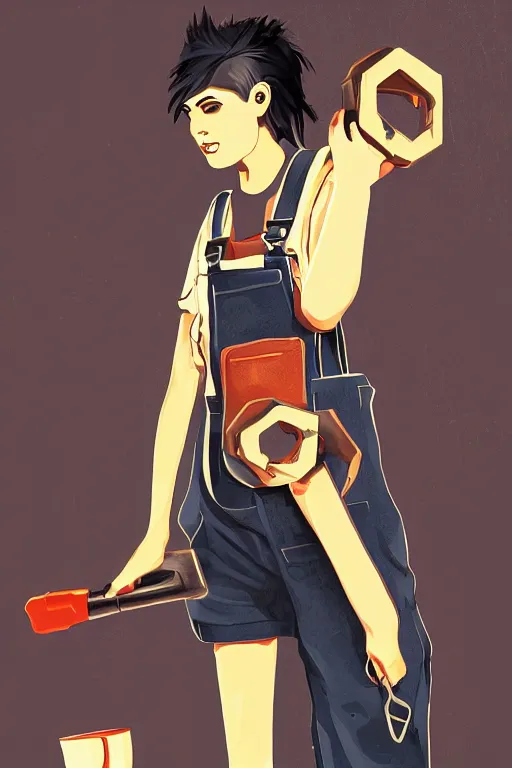 Image similar to a beautiful androgynous punk girl with short hair who is a mechanic wearing overalls with a utility bag and holding a wrench, digital illustration, digital concept art, digital painting, decorative background, trending on artstation