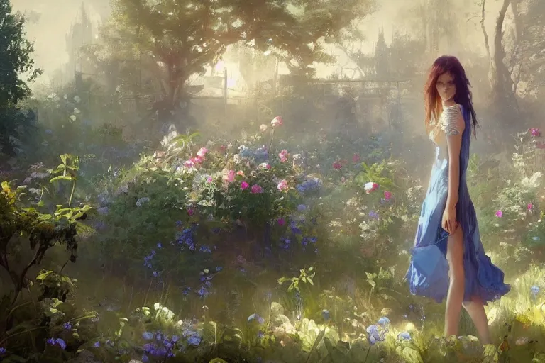 Image similar to a beautiful painting of blue roses garden, girl, by greg rutkowski, trending on artstation