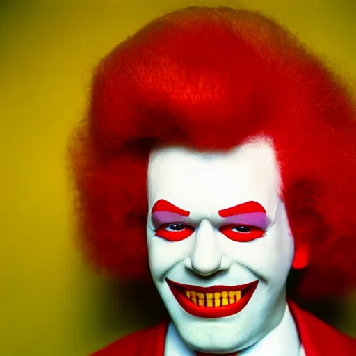Prompt: A dramatic low-angle portrait of Ronald McDonald, underlighting, F 2.8, 85mm Velvia 100, by Terry Richardson