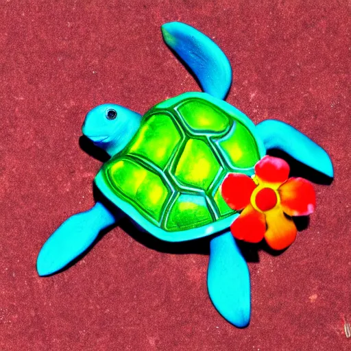 Image similar to a picture of a turtle in love with a flower, vivid colours, depth of field, 50mm