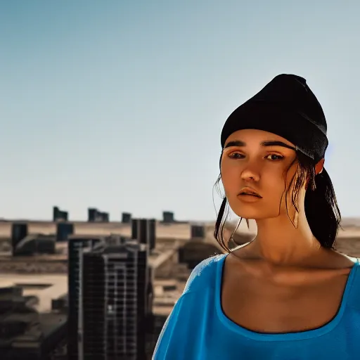 Image similar to photographic portrait of a streetwear woman, closeup, on the rooftop of a futuristic city overlooking a desert oasis, sigma 85mm f/1.4, 4k, depth of field, high resolution, 4k, 8k, hd, full color