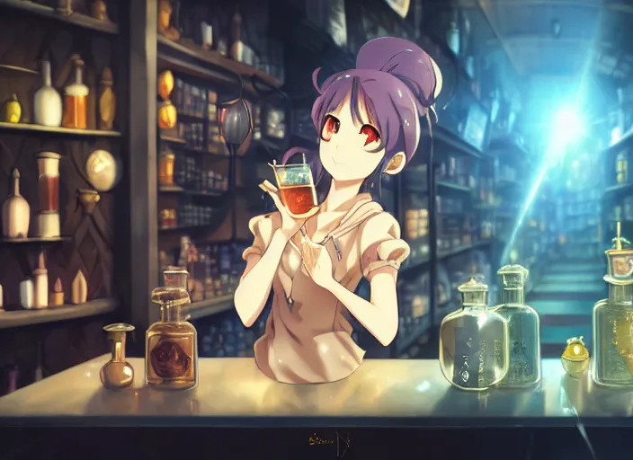 Image similar to anime, portrait of a young woman in a alchemist's potion shop interior looking at a glowing potion, yoshinari yoh, dynamic pose perspective, moody, detailed facial features, kyoani, rounded eyes, sharpened image, cel shade