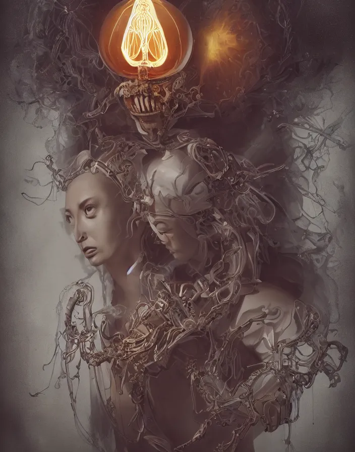 Prompt: symmetrical beautiful phoenix princess monk in robe face portrait in biomechanical mask of a cyberpunk demon by Roberto Ferri. Edison bulb. white plastic. human skull jellyfish butterfly phoenix head. burning water. baroque ornament details, intricate artwork by Tooth Wu and wlop and beeple and dan mumford and greg rutkowski. halo. octane render, cinematic, hyper realism, octane render, 8k, depth of field, bokeh. iridescent touch. vibrant. saturated. blade runner style