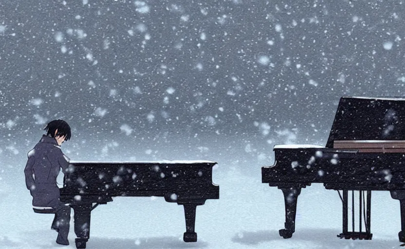 Prompt: a man playing piano in the heavy snow, a screenshot from the anime film by Makoto Shinkai