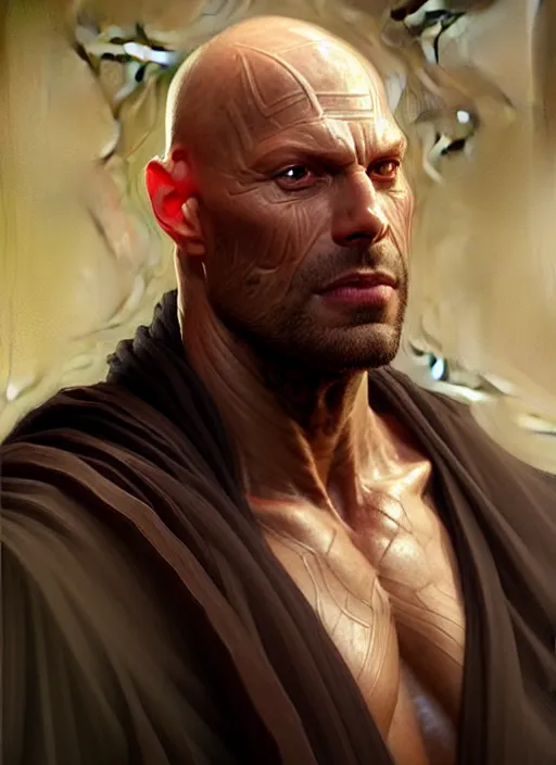 Image similar to Portrait of a man, bald, scarred! Sith, muscular, robes! intricate, elegant, highly detailed, digital painting, artstation, concept art, smooth, sharp focus, illustration, art by artgerm and greg rutkowski and alphonse mucha