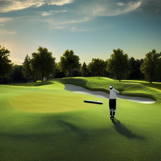 Prompt: frisbee golfing on golf course, aerial view, hyperrealism, 4k octane render, photorealistic concept art, highly detailed