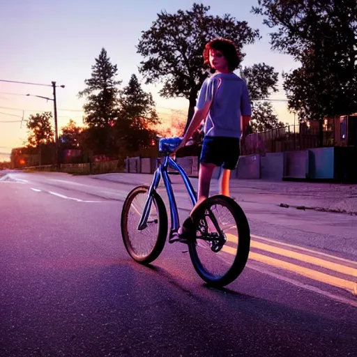 Image similar to Finn WolfHard (Mike Weeler) from Stranger Things riding her bike in the middle of the street, the bike's flashlight illuminating the ground, the clear sky, realistic, extremely high details, photorealistic, 2022s, soft lighting, 4k, human photo