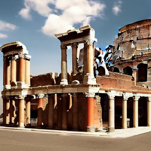 Image similar to Beautiful Promotional Photograph of ancient Roman McDonalds, McDonalds in ancient Rome, wideshot,longshot,fullshot.