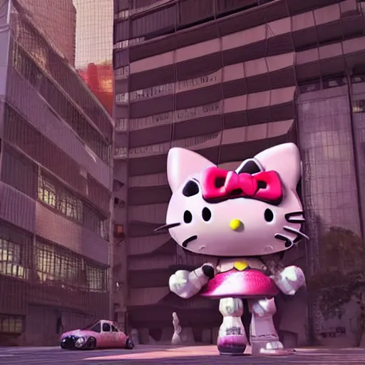 Image similar to a beautiful hyperrealistic ultradetailed 3D render of a hello kitty shaped mecha standing in the city, by brian sum and stephen martiniere and Antonio Manzanedo. mech, dragon, unreal engine, octane render, PBR, 3D, brilliantly colored, intricate, wide angle, volumetric lighting, polished, path tracing