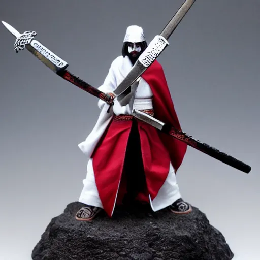 Image similar to samarai cloaked in white with swords, standing in light beam of a dark cave, ruby red sorrow, high quality, ultra detail.