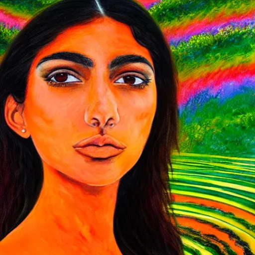 Prompt: beautiful tan latina woman, landscape, entering third dimension, prominent rosy cheek bones, black hair and brown eyes, monet and da vinchi and psychadelic art style,