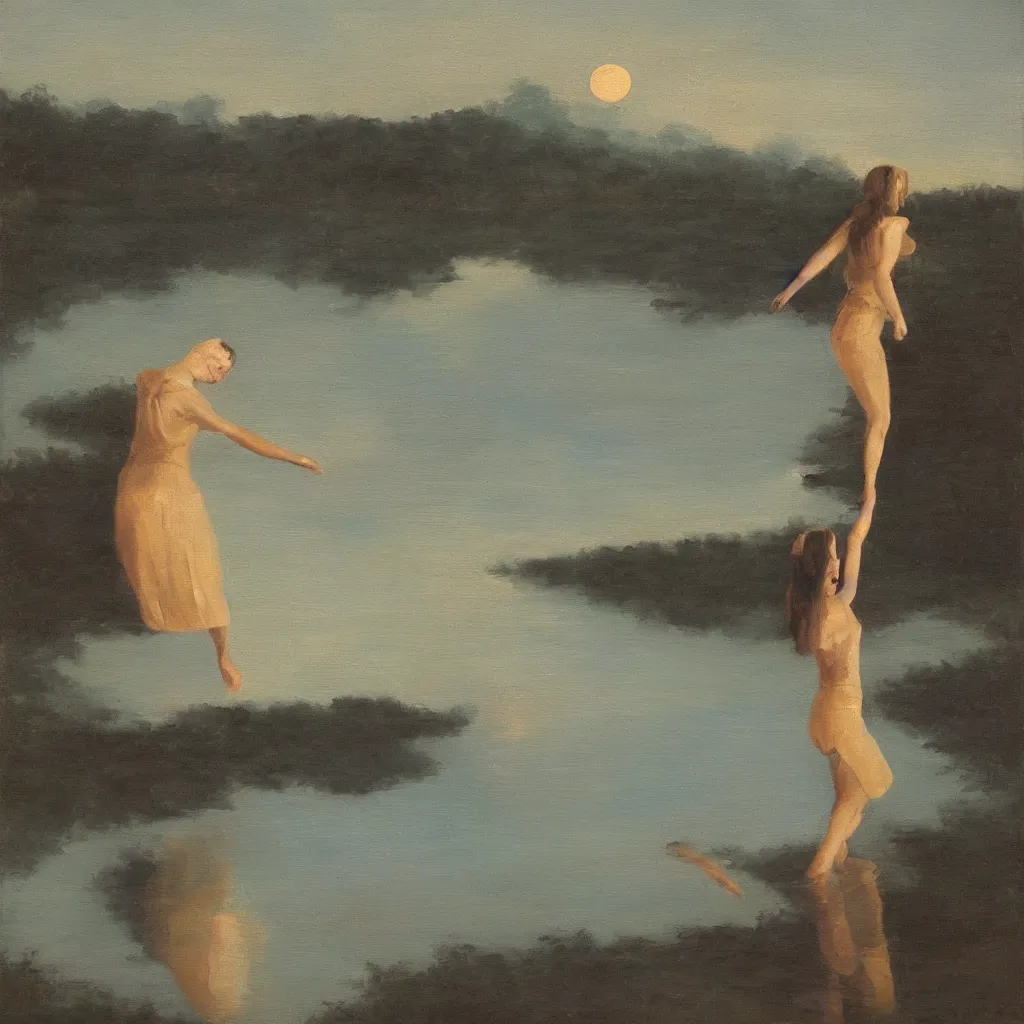 Prompt: oil painting of a woman reaching for the lake with the moon reflected on it, point of view shot