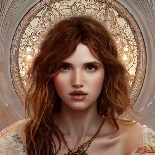 Image similar to ultra realistic illustration, bella thorne as thirty year old lady, intricate, elegant, highly detailed, digital painting, artstation, concept art, smooth, sharp focus, illustration, art by artgerm and greg rutkowski and alphonse mucha