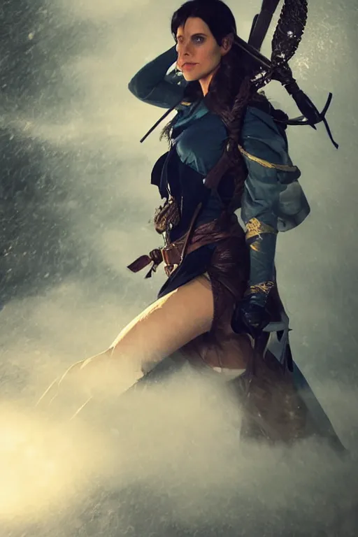 Image similar to Laura Bailey as Vex'ahlia from Vox Machina, Half-elf Ranger, realistic cinematic shot, swirling nature magic, subtle fog and mood lighting