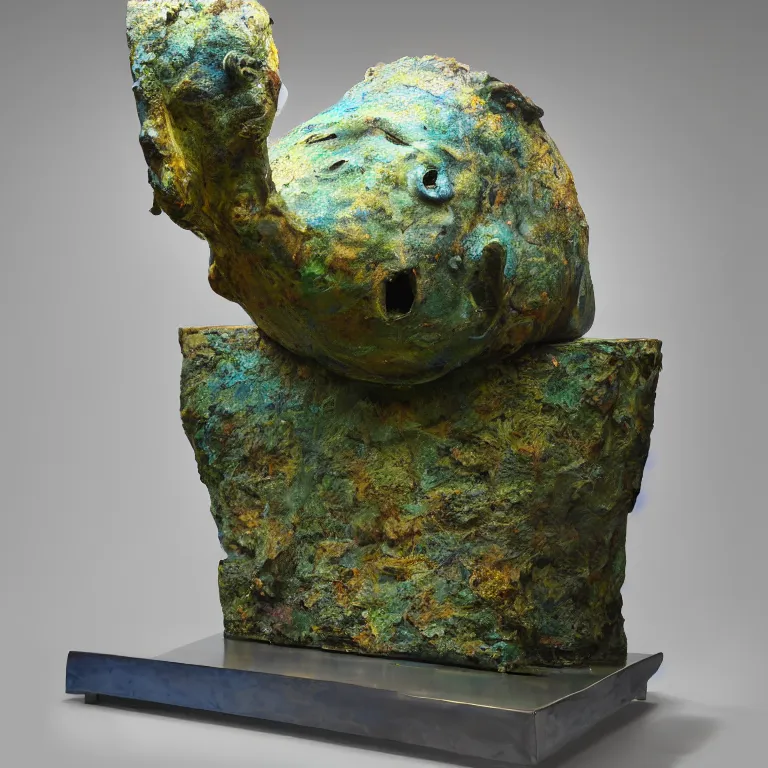 Prompt: hyperrealistic sculpture of a bronze fossilized ancient alien halibut dusted with saffron and deep blue and grass green spraypaint in a grid cage on a pedestal by ron mueck and duane hanson and lee bontecou, hyperrealistic dramatic colored lighting trending on artstation 8 k