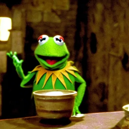 Image similar to Kermit the frog in a scene from the film The Matrix