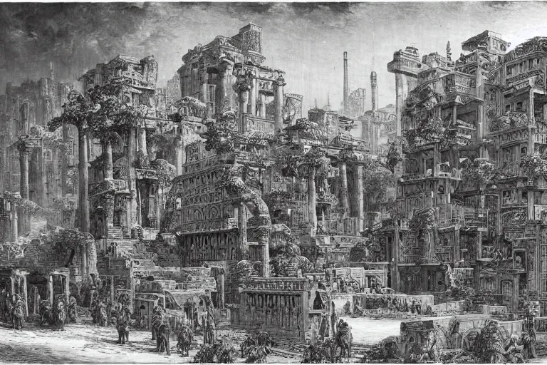 Prompt: ancient city of Babylon, hanging gardens of babylon. Robot mechas roaming the streets of ancient babylon. By gustave dore, highly detailed