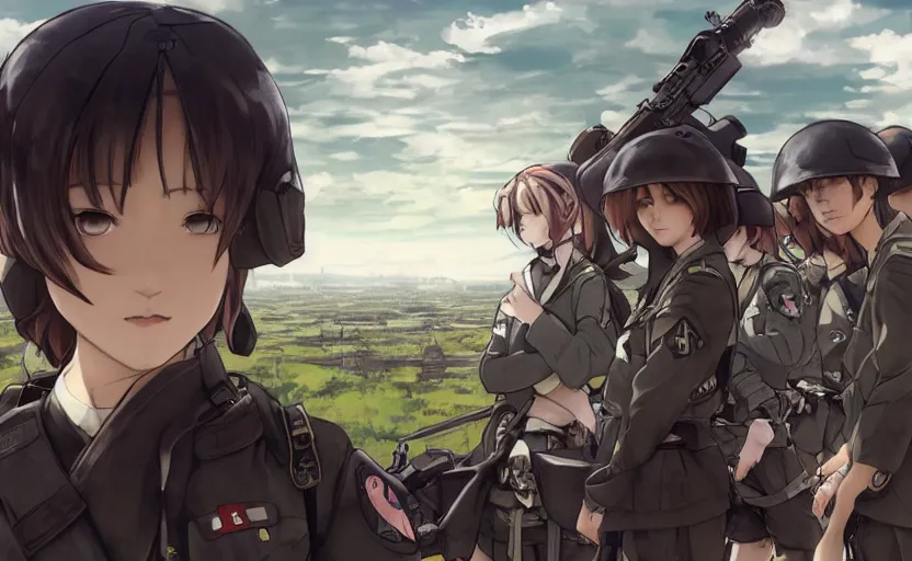 Image similar to panoramic view, girl, soldier clothing, battlefield in background, anime style, short hair, hair down, realistic anatomy, symmetrical facial features, from arknights, hyper realistic, 4 k, rule of thirds, extreme detail, detailed drawing, safebooru, realistic lighting, by alphonse mucha, greg rutkowski, sharp focus, backlit