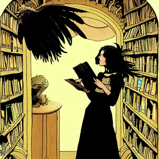 Prompt: young sad jennifer connelly as gothic dark fae disney villain with black feathers instead of hair, feathers growing out of skin, reading in library, pulp sci fi, mike mignola, comic book cover, vivid, beautiful, illustration, highly detailed