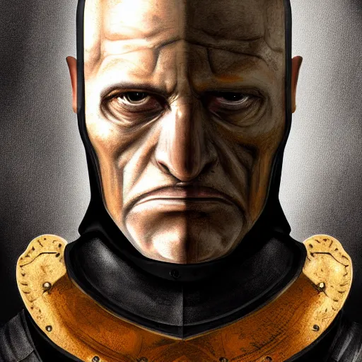 Image similar to head portrait, full faced, 45 years old men, strict, militaristic, evil, medieval light armor, high detail, digital art, medieval fantasy