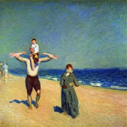 Image similar to a man carrying his child over his shoulders walking near the beach, anatomically correct, painting by monet, masterpiece