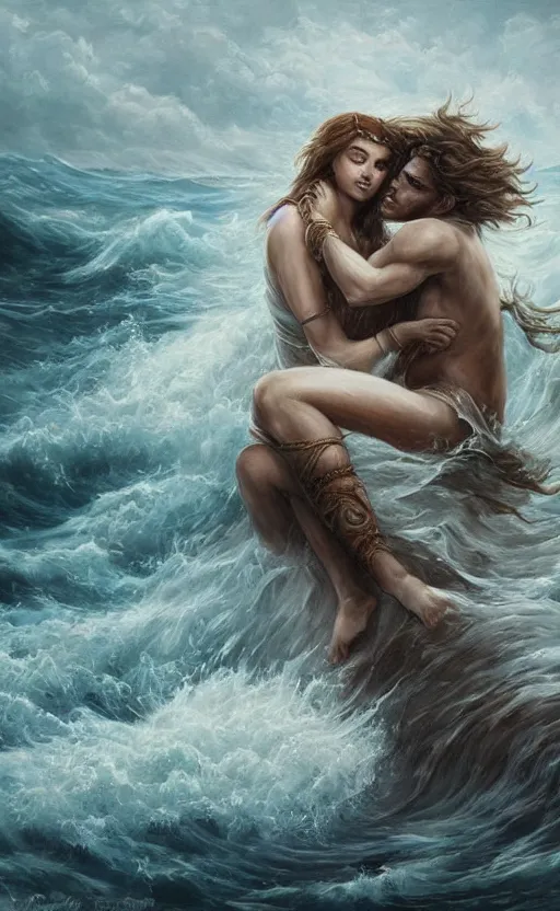 Prompt: amazing detailed intricate beautiful painting of a woman and a werewolf in a passionate embrace in a turbulent ocean. hd. hq. trending on artstation