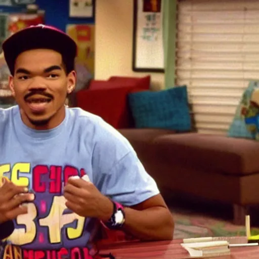 Image similar to a tv still of Chance The Rapper starring as a black college student at Jones College Prep in a 1993 sitcom