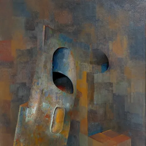 Image similar to a detailed impasto painting by shaun tan and pauline baynes of an abstract forgotten sculpture by the caretaker and ivan seal