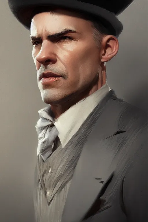 Prompt: a grey hair halfling stubble tophat and suit by Greg Rutkowski, painting, portrait, HD, high details, trending on artstation
