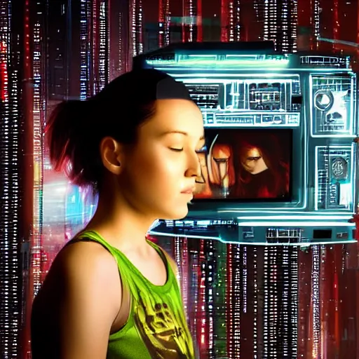 Prompt: a girl with a TV for a head in a cyberpunk city