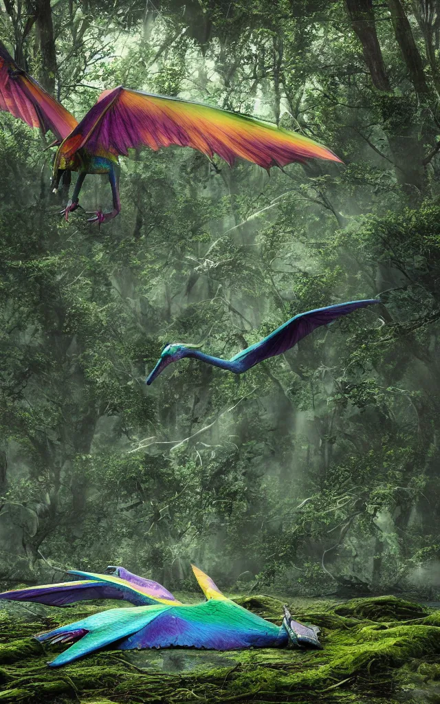 Prompt: iridiscent rainbow dim pterodactyl lying in a swamp, moss and mud, photography, 3d octane render