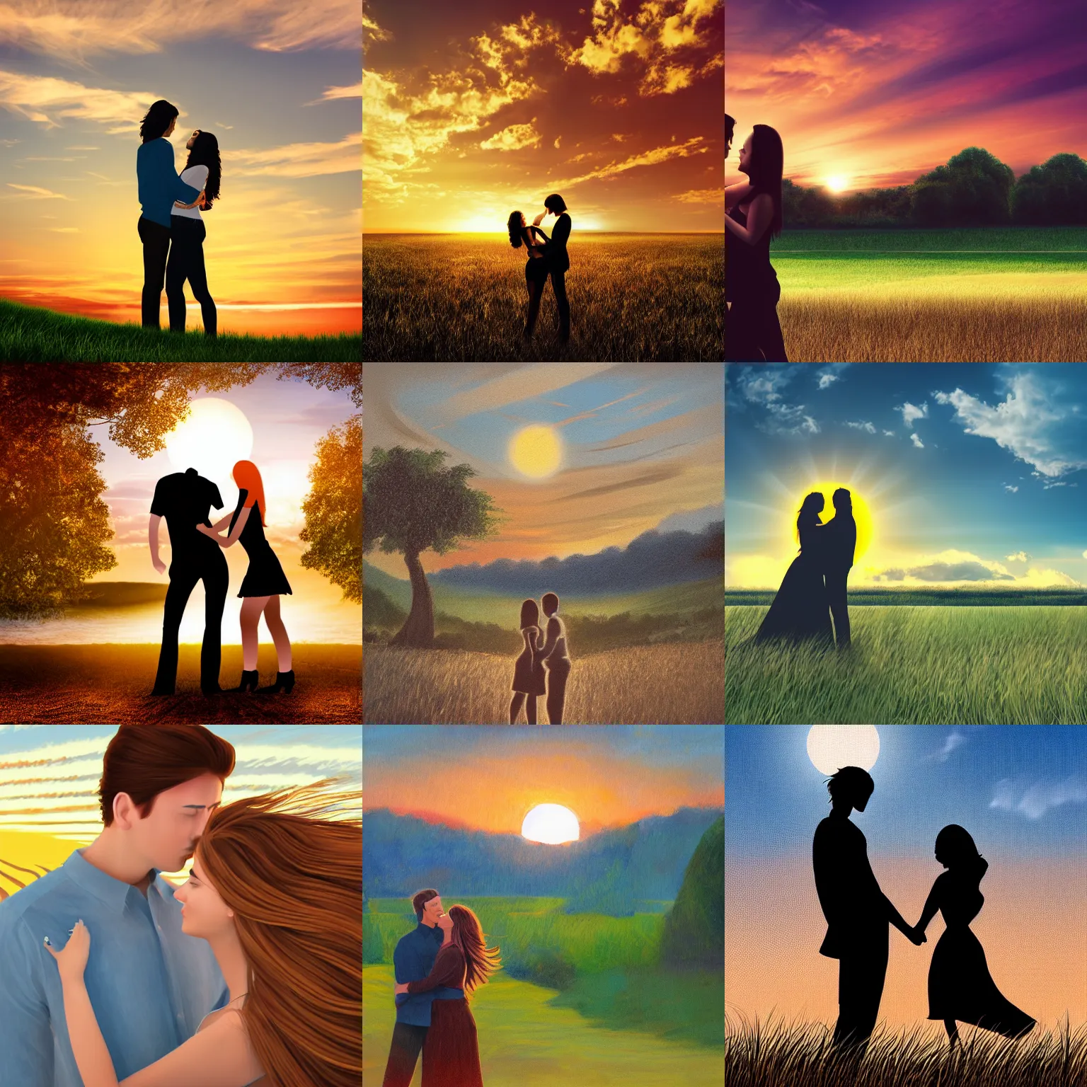 Prompt: long shot landscape young man and woman with long brown hair silhouette cuddle, sun rise, realism