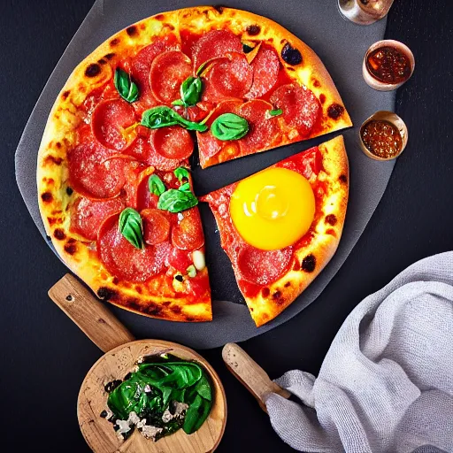 Image similar to pizza with beans and raw egg yolk, food photography